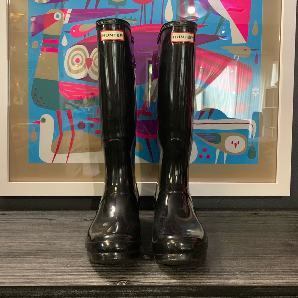 HUNTER Adjustable Gloss Wellington Boot - Black 7